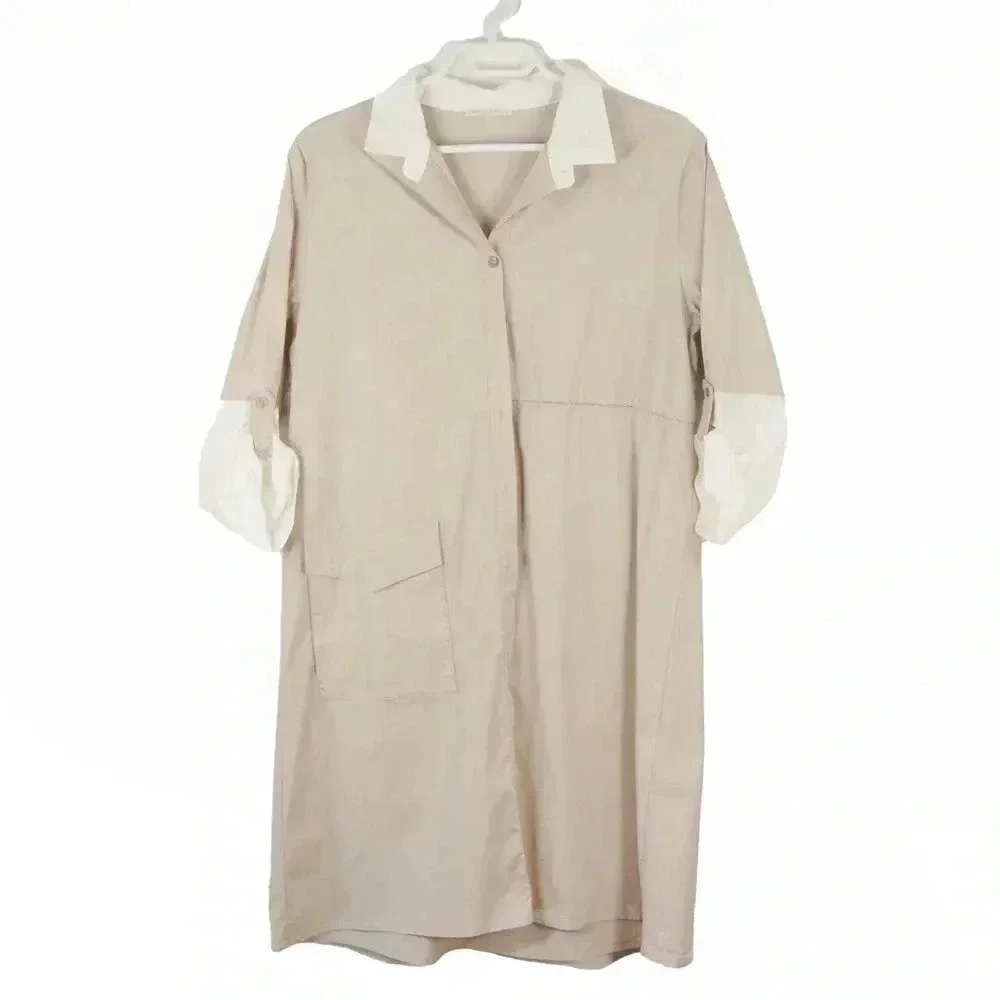 Hubert Gasser Bush Taupe Cream Short Sleeve Shirt Midi Dress - Picture 4 of 5